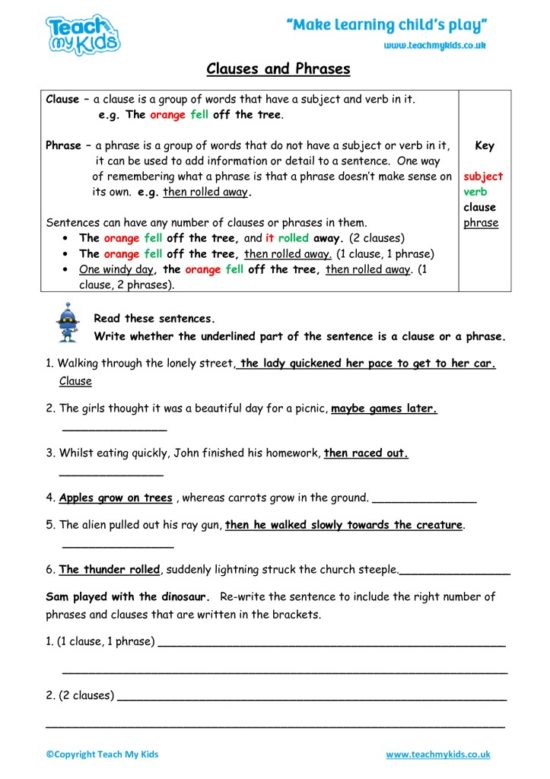 Worksheets for kids - clauses and phrases