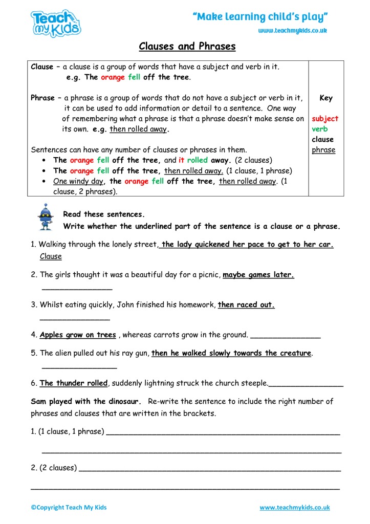 Phrases And Clauses Worksheets For Grade 8