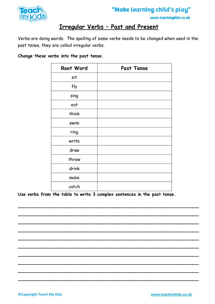 Irregular Verbs Chart Worksheet