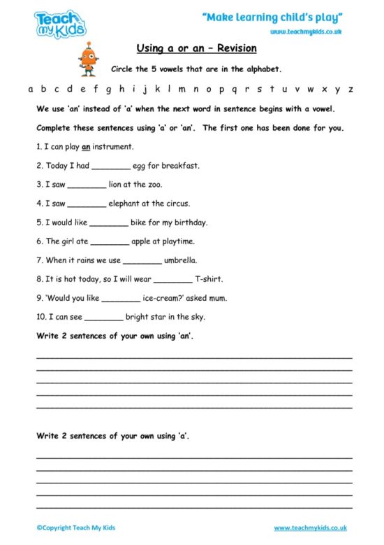 Worksheets for kids - using a or an- revision
