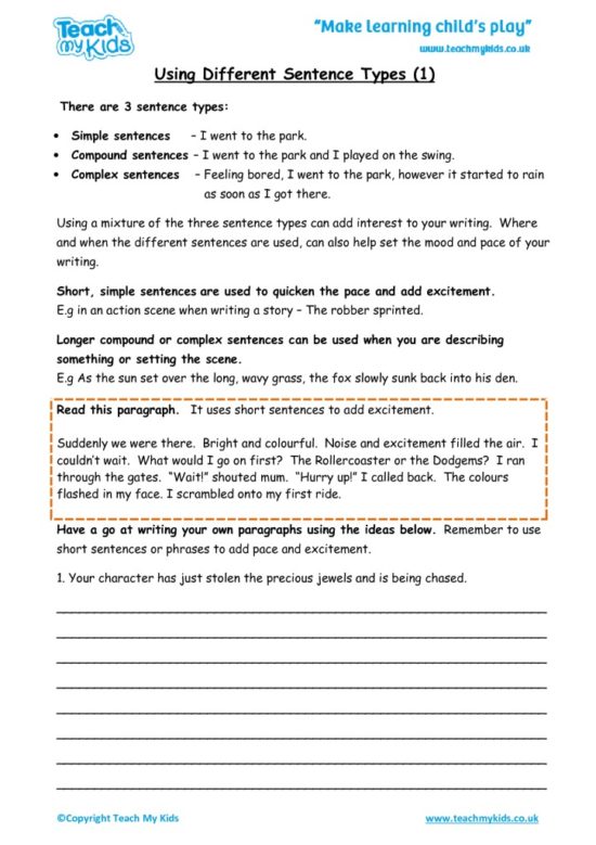 Worksheets for kids - using-different-sentence-types