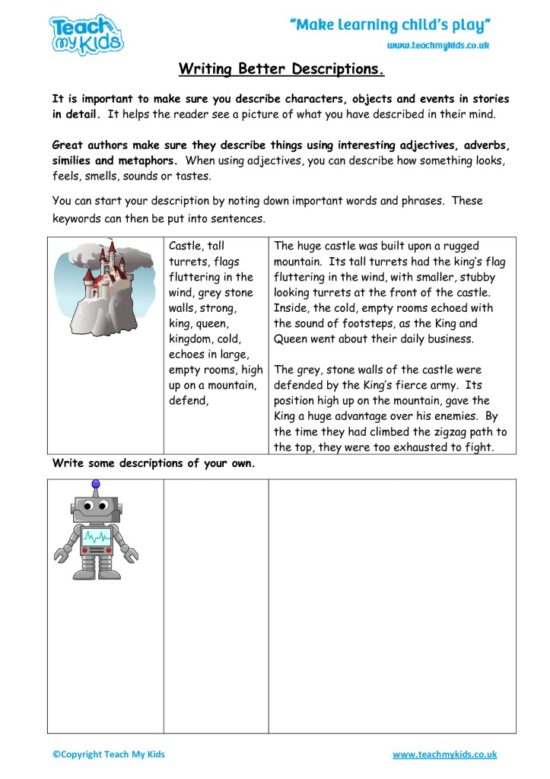 Worksheets for kids - writing-better-descriptions