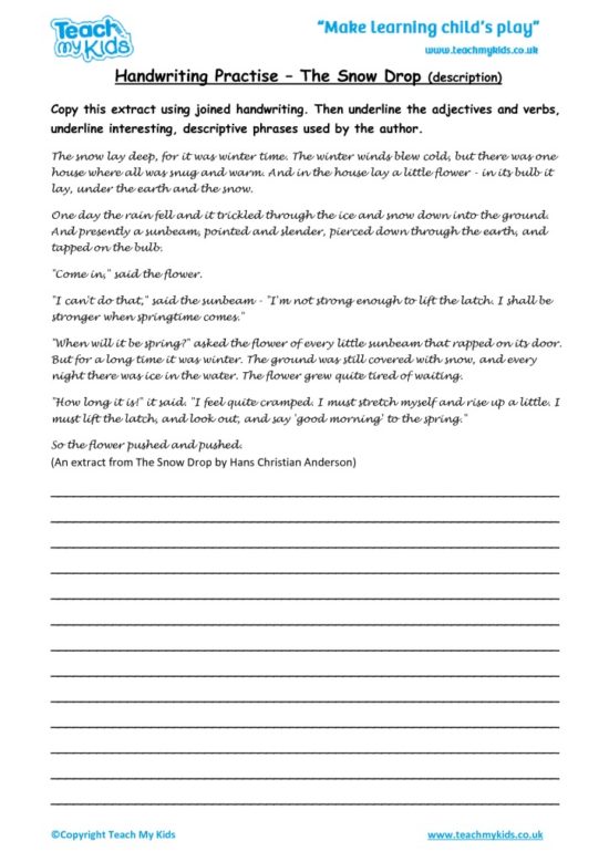 handwriting practise the snow drop descriptive writing tmk education