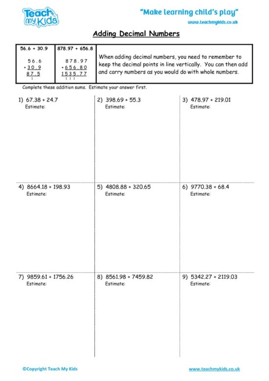 Worksheets for kids - adding-decimal-numbers-1