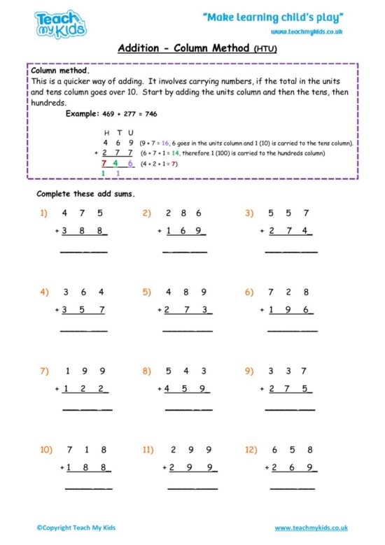 Worksheets for kids - addition, column carrying numbers htu 3