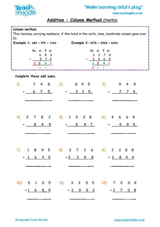 Worksheets for kids - addition, column carrying numbers htu 4