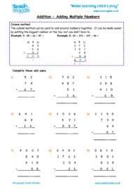 Worksheets for kids - addition, column carrying numbers multiple nos 5
