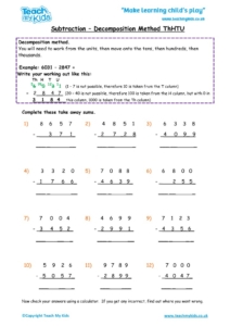 Worksheets for kids - subtraction-decompostion-thhtu