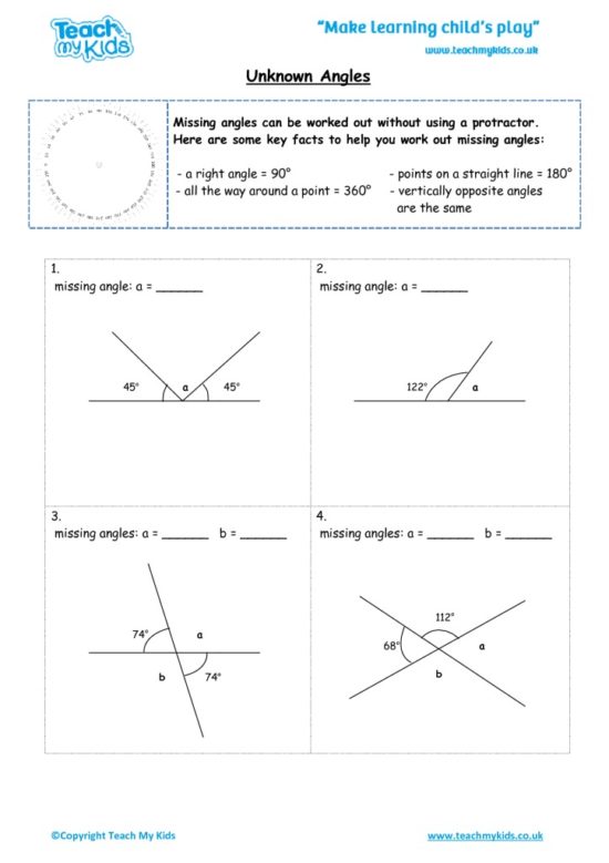 Worksheets for kids - unknown-angles