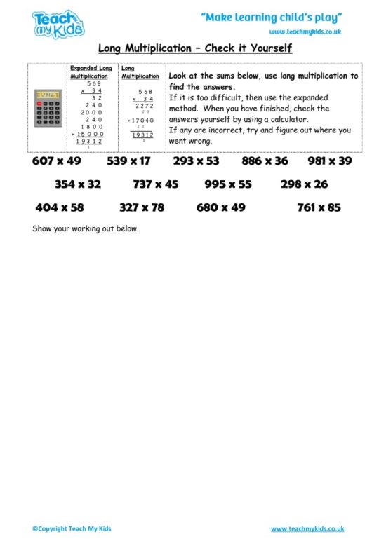 Worksheets for kids - long multiplication, check it yourself
