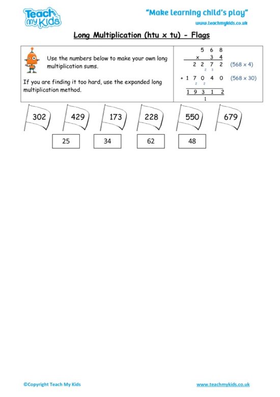 Worksheets for kids - long multiplication – htu x tu flags