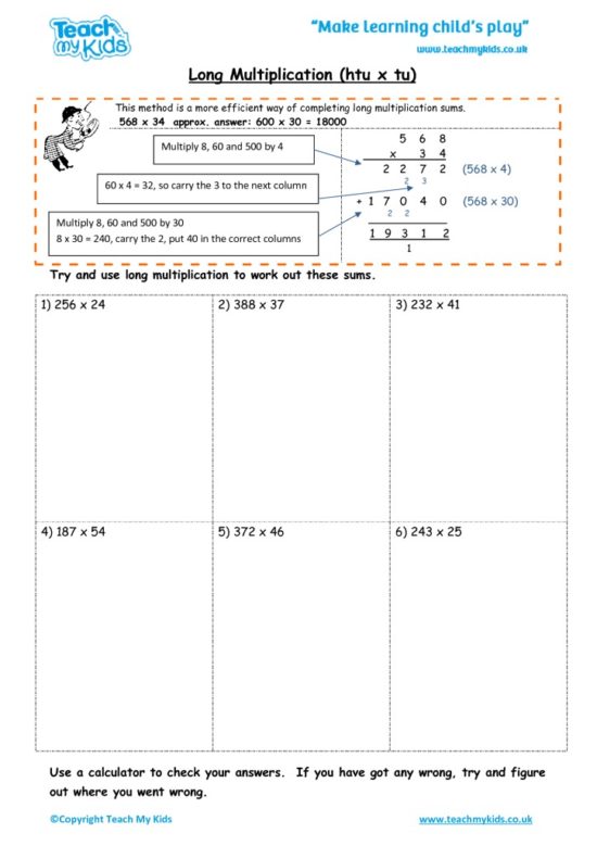 Worksheets for kids - long multiplication – htu x tu