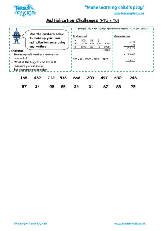 Worksheets for kids - multiplication-grid method challenges