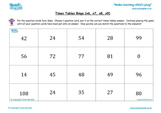 Worksheets for kids - times tables bingo tmked – x6 x7 x8 x9