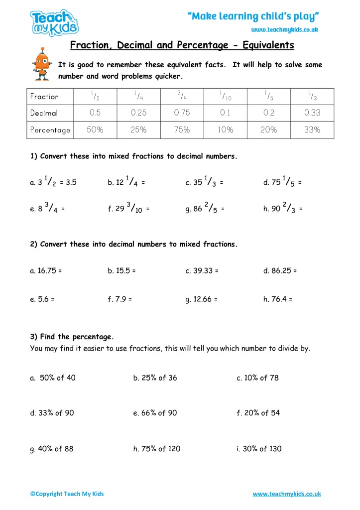 Fraction Decimal Percent Chart Worksheet