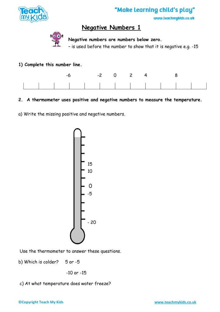 Maths Worksheets For Kids Negative Numbers