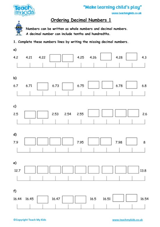 Worksheets for kids - ordering-decimal-numbers