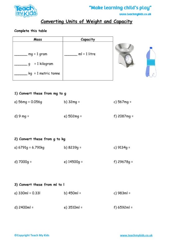 Worksheets for kids - converting-units-of-masscapacity