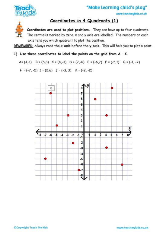 Worksheets for kids - coordinates-in-4-quadrants